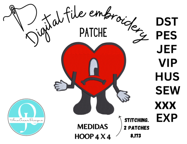 BAD  BUNNY heart / PATCHE / EMBROIDERY DESIGN / 8 FORMATOS DIFERENTES / DIGITAL FILE / BORDADO