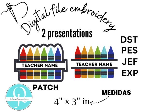 Crayons embroidery / Teachers Name / Digital file / bordado / parche de crayones 2 presentaciones