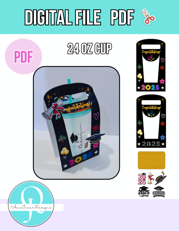 Graduacion porta vaso 24 oz / PDF / Imprime y corta con tijeras / digital file / Grad / Graduate holder cup / incluye stickers / imprime en tamaño carta 8.5 in x 11 in