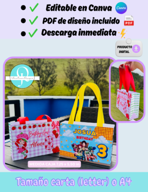 Caja de cumpleaños plegable, gable boutique bag toys, fresita, jessie, Editable en Canva archivo digital, incluye3 pdf