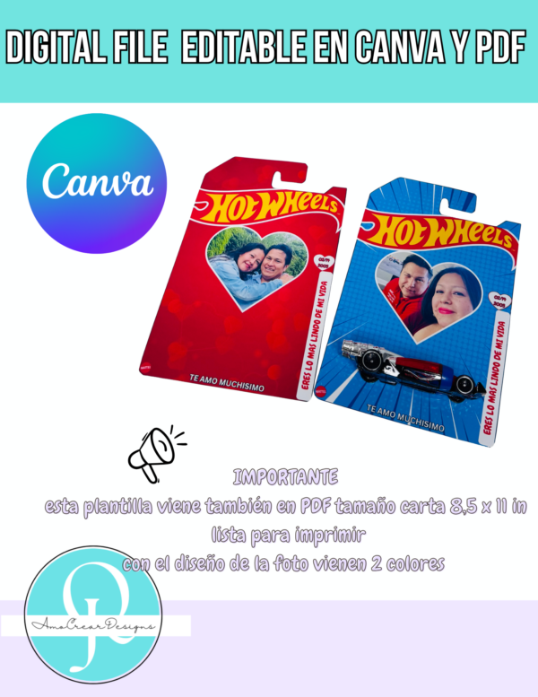 HOT WHEELS EDITABLE / EN CANVA / DIGITAL FILE / DESCARGA INSTANTANEA /INCLUYE PDF LISTO / VALENTINES DAY / DIA DEL PADRE / DIA DEL NOVIO / DIA DEL NIÑO