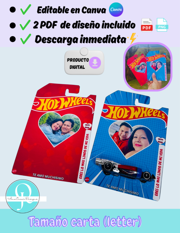 hot wheels carros empaque, dia del hombre cumpleaños editable en Canva, PDF archivo digital, descarga inmediata