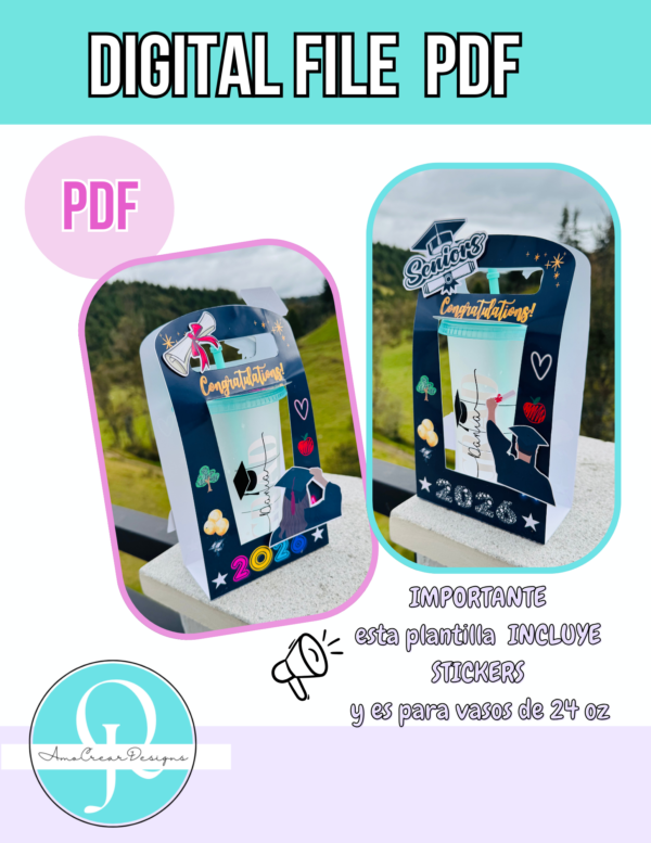 porta vaso 2026 grado Graduacion porta vaso 24 oz / PDF / Imprime y corta con tijeras / digital file / Grad / Graduate holder cup / incluye stickers / imprime en tamaño carta 8.5 in x 11 in