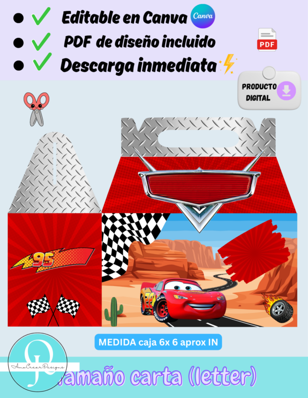 Lunch box caja de cumpleaños plim plim y cars, es editable en canva gratis o pro, descarga inmediata, archivo digital