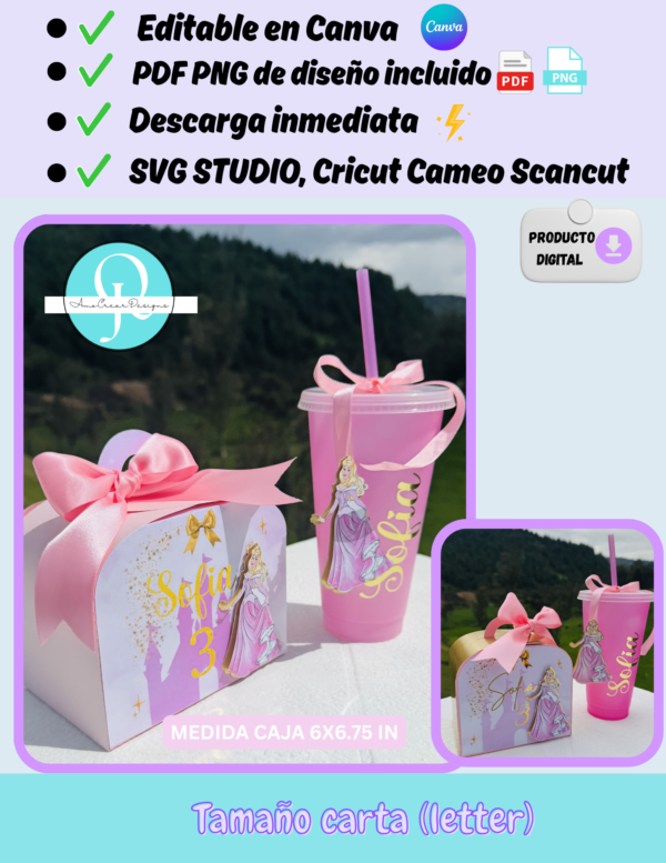 princesas travel box Caja de cumpleaños travel box, caja para baby shower sorpresas, Editable en Canva pdf listo para imprimir png frente Descarga inmediata, archivo digital