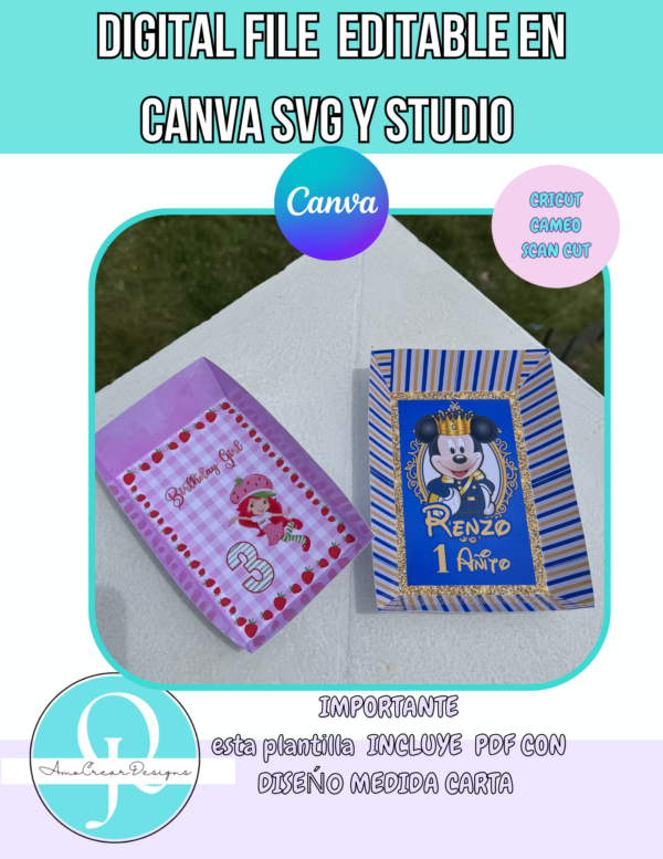 FOTO PLATOS FIESTA MINI BANDEJAS DE FIESTA / EDITABLE EN CANVA / SVG CRICUT / SVG SCAN CUT / STUDIO CAMEO / BIRTHDAY PARTY / 2 PLANTILLAS DIFERENTES