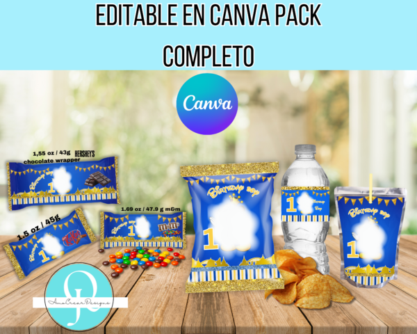 foto pack completo golosinas SUPER PACK 6 EDITABLES CHIPS BAG/ CAPRISUM / ETIQUETA DE AGUA / 3 ENVOLTURAS DE CHOCOLATES / EDITABLE EN CANVA / DIGITAL FILE / INCLUYE PDF DEL DISEÑO