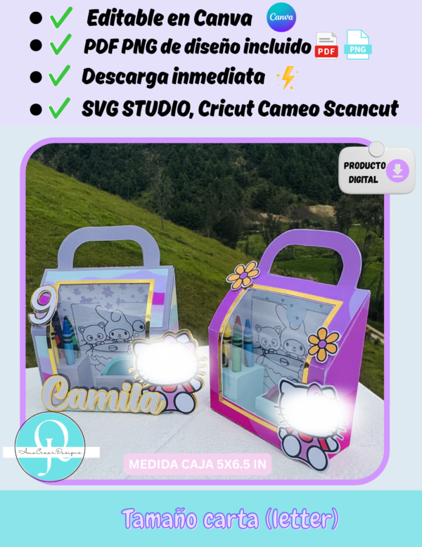 Lonchera sorpresa de cumpleaños para crayones y plastilina, editable en Canva, SVG Studio PDF descarga inmediata, archivo digital