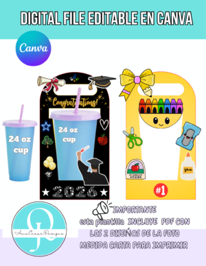 PORTA VASOS MAESTROS Y GRADUACION / EDITABLE EN CANVA / PARA VASOS DE 24 oz / 2 DISEÑOS EDITABLES / DIGITAL FILE