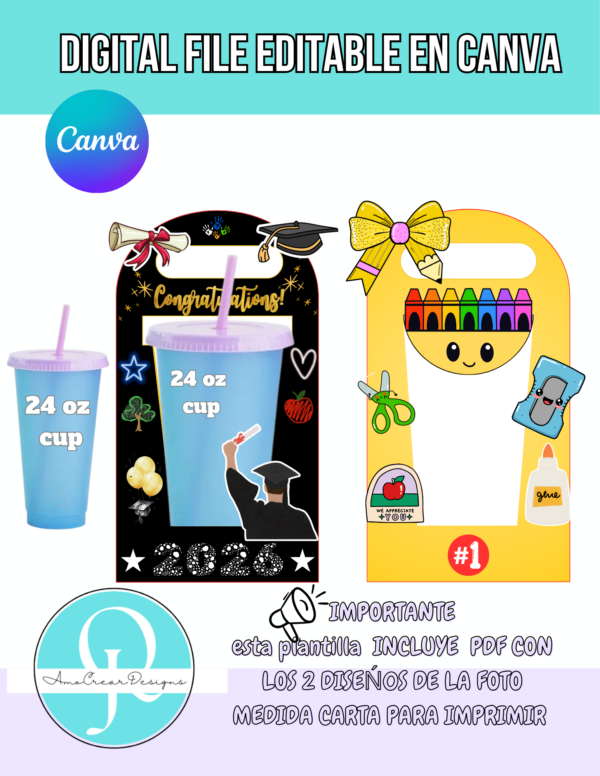 PORTA VASOS MAESTROS Y GRADUACION / EDITABLE EN CANVA / PARA VASOS DE 24 oz / 2 DISEÑOS EDITABLES / DIGITAL FILE