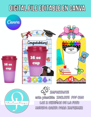 PORTA VASOS DIA DEL MAESTRO Y GRADUACION / EDITABLE EN CANVA / VASOS DE 16oz / DIGITAL FILE