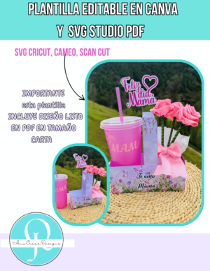 PORTA VASO Y FLORES MAMÁ / HOLDER CUP FLOWERS MOM / EDITABLE EN CANVA / PDF / SVG CRICUT/ SVG SCAN CUT / STUDIO CAMEO / DIGITAL FILE
