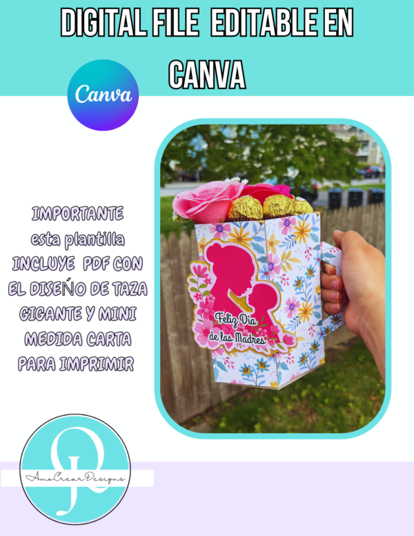 TAZA GIGANTE PARA MAMÀ / TAZA DE FLORES / TAZA CHOCOLATES / DIA DE LA MADRE / MOTHERS DAY / DIGITAL FILE / EDITABLE EN CANVA