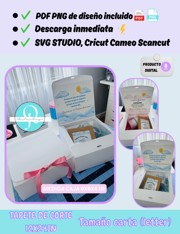 Caja para padrinos, caja sorpresa, SVG STUDIO de caja PNG tazas, PDF Y PNG de los cuadros PDF Y PNG del escrito de la tapa, archivo digital
