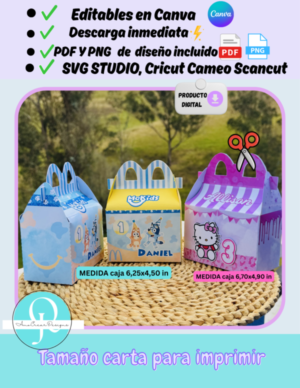 Cajita feliz de cumpleaños, incluye diseños de fotos svg studio pdf, editable en canva archivo digital, descarga inmedita