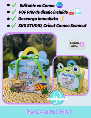 toys foto travel Caja sorpresa de cumpleaños Travel Box,editable en Canva SVG, STUDIO, para Cricut, Cameo y Scancut el pdf y png de las imagenes del frente, archivo digital