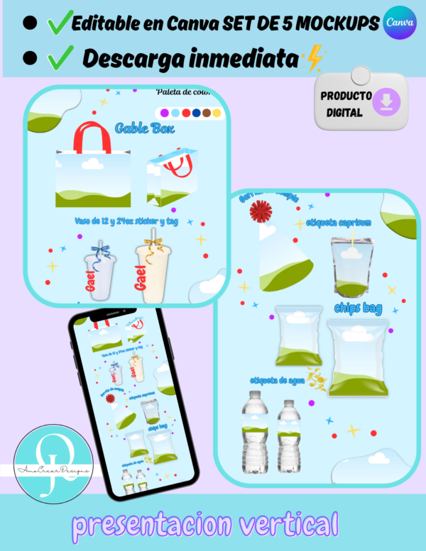 Propuesta para clientes set gable box, agua, caprisum, chips bag, gorrito de cumple, archivo digital, descarga inmediata