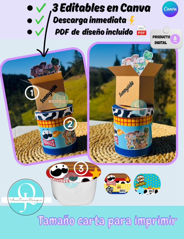 Pringles envolturas, 3 Editables en canva, pringles 37gm + caja sunnyside + pringles mini 0.74 oz para cumpleaños, toys, y princesas, archivo digital, descarga inmediata