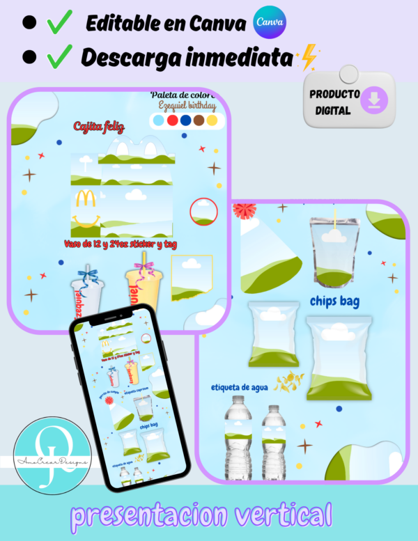 Propuesta para clientes, cajita feliz paquete de 5 mockups de fiestas infantiles, archivo digital, descarga inmediata