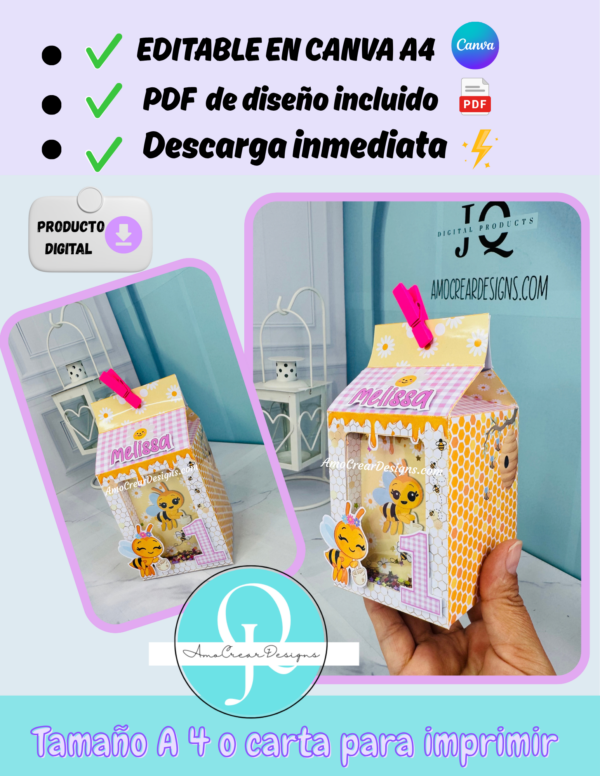 Cajita shacker, abejita Editable en Canva, archivo digital, descarga inmediata, incluye pdf del diseño