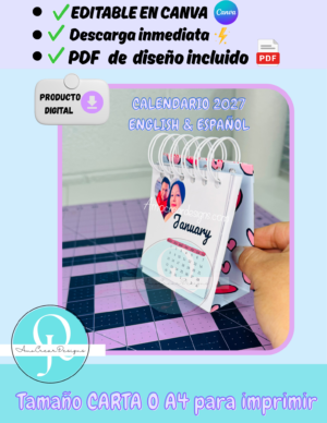 CALENDARIO 2027, con fotos corazón, Editable en Canva, english & español, archivo digital, descarga inmediata