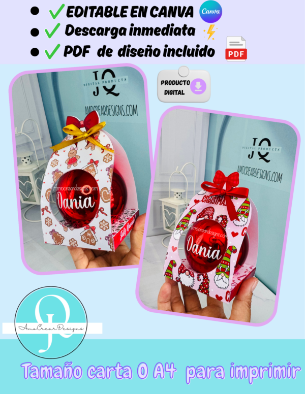 Empaque de esfera de 8cm /3.15 in para editar en CANVA, cortar con tijeras, archivo digital, descarga inmediata INCLUYE 2 pdf listos con diseño gratis NAVIDAD