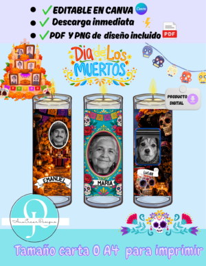 ETIQUETAS para Velas, editables en canva, diseño gratis, png pdf, velas cilindro, dia de muertos, archivo digital, descarga inmediata